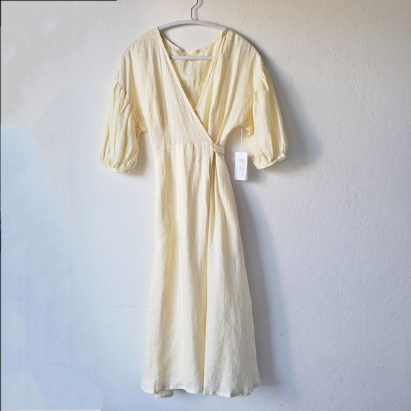 At Dawn Yellow Linen Wrap Dress NWT Extra Small - Picture 3 of 13